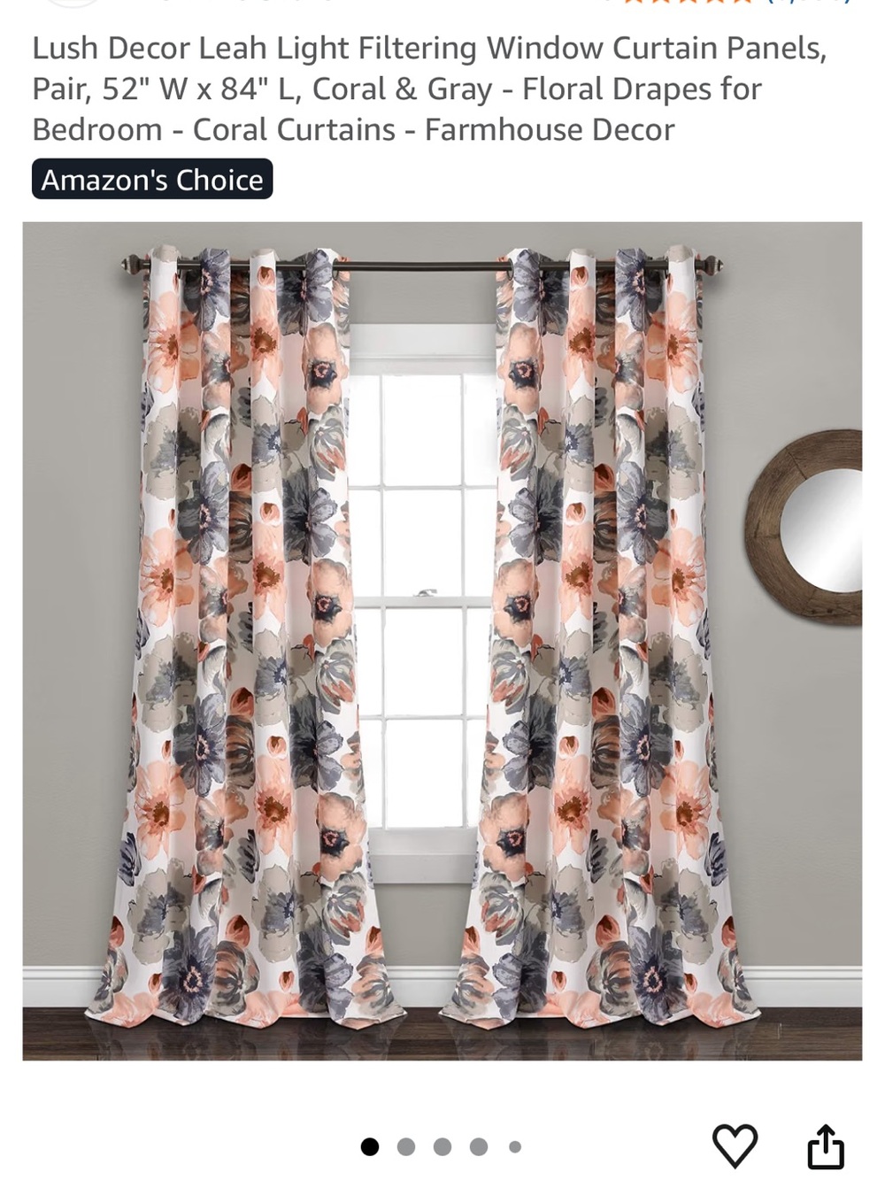 Coral & Gray Floral Light Filtering Curtain Panels (2) and Valance (1)